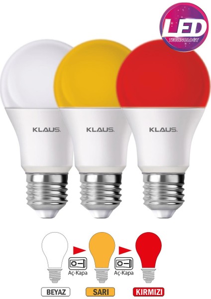 3 Renkli LED Lamba Beyaz Sarı Kırmızı 9W