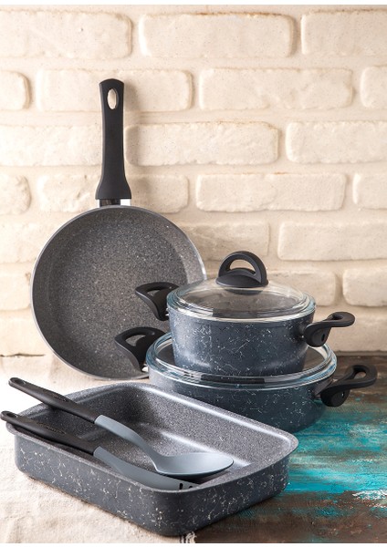 Marble 8 Parça Tencere Seti Gri