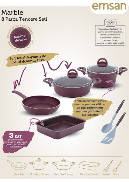 Marble 8 Parça Tencere Seti Gri modelleri