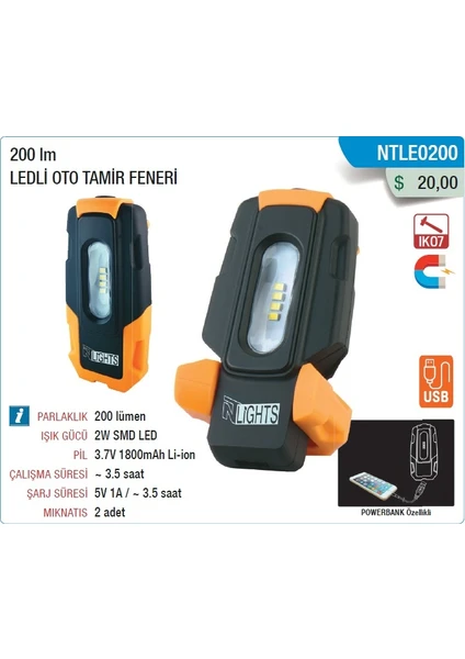 Nt Lights 200 Lm Ledli Oto Tamir Feneri