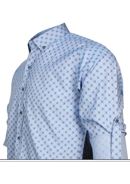 Erkek Slim Fit Açık Mavi Koldan Katlamalı Desenli Erkek Gömlek modelleri