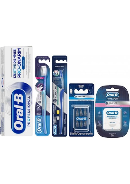 Pro Expert Clinic Diş Ipi + Pro Onarım Diş Macunu 75 ml + Arayüz Fırçası + Arayüz Yedek Başlık 6`lı + Ortodontik Diş Fırçası