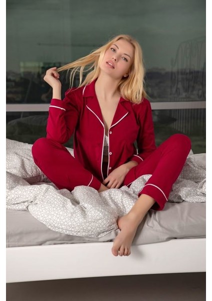 Kadın Bordo Pamuklu Likralı Düğmeli Biyeli Pijama Takımı - Bordo