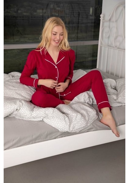 Kadın Bordo Pamuklu Likralı Düğmeli Biyeli Pijama Takımı - Bordo