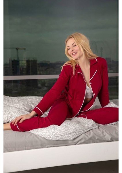 Kadın Bordo Pamuklu Likralı Düğmeli Biyeli Pijama Takımı - Bordo