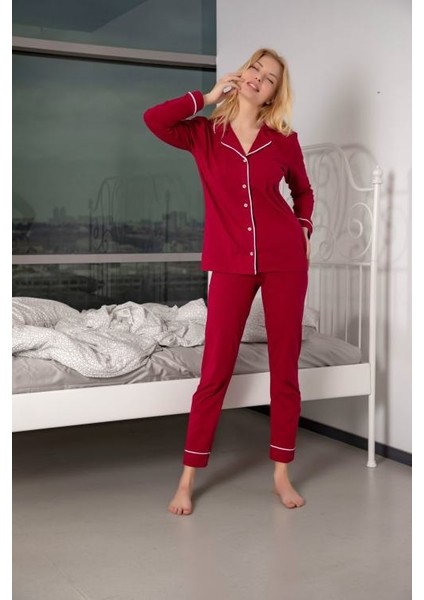 Kadın Bordo Pamuklu Likralı Düğmeli Biyeli Pijama Takımı - Bordo
