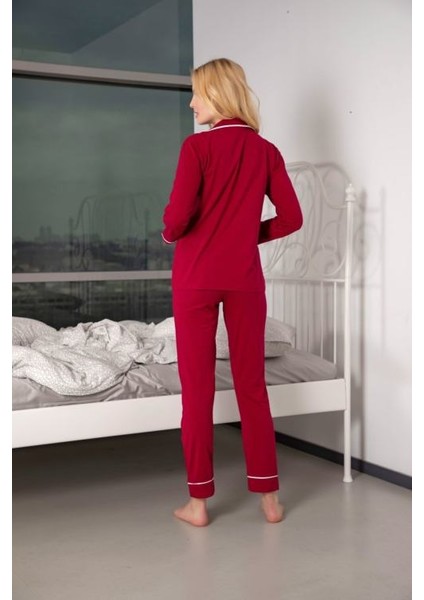 Kadın Bordo Pamuklu Likralı Düğmeli Biyeli Pijama Takımı - Bordo