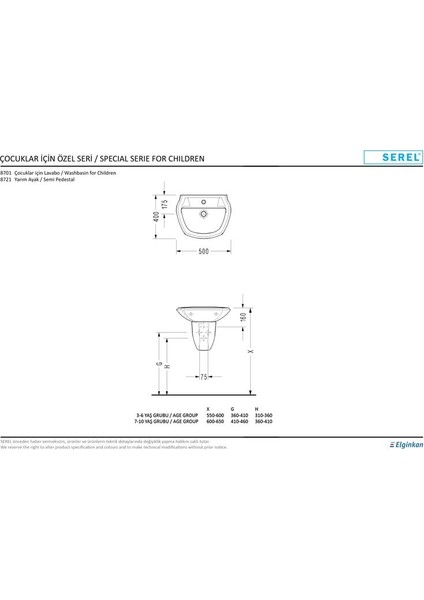 E.C.A Serel Çocuk Lavabo 40X50 cm Duvara Monte 8701TDS110H