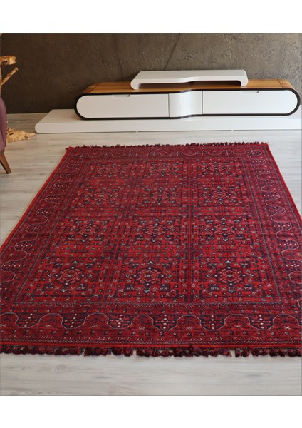 Arte Halı Afgan Kırmızı Salon Halısı Arte Etnik Kilim Yıkanabilir Mutfak Halısı Kaymaz Taban Dekoratif Halı