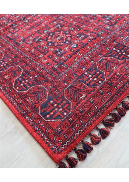 Arte Halı Afgan Kırmızı Salon Halısı Arte Etnik Kilim Yıkanabilir Mutfak Halısı Kaymaz Taban Dekoratif Halı