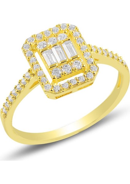 Gümüş Yaldızlı Pırlanta Montürlü Baget Taşlı Yüzük