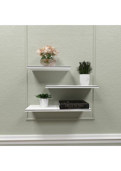 De&se Design Duvar Rafı Kitap Rafı Süs Rafı 3'lü(50-40-30 Cm)Duvar Rafı Parlak Beyaz Mdf-Çift Renk Beyaz -Gümüş Bantlı