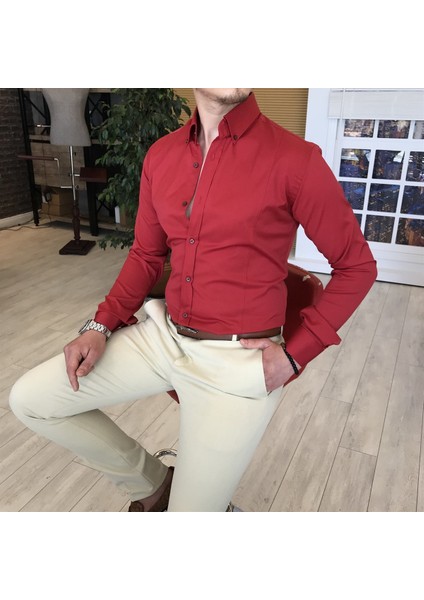 Italyan Stil Slim Fit Dik Yaka Saten Erkek Kırmızı Gömlek T4113