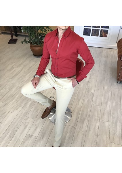 Italyan Stil Slim Fit Dik Yaka Saten Erkek Kırmızı Gömlek T4113