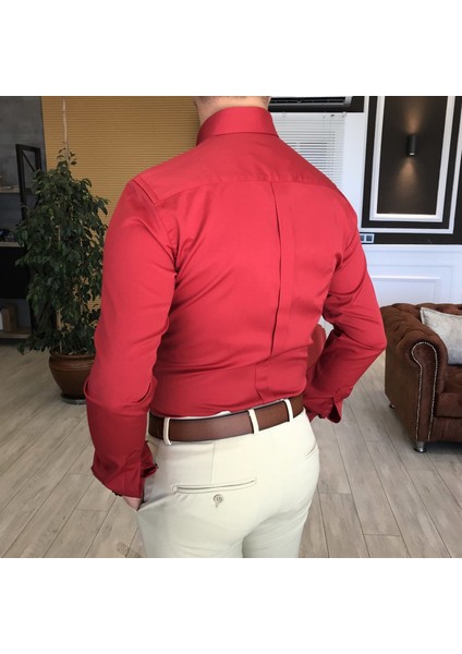 Italyan Stil Slim Fit Dik Yaka Saten Erkek Kırmızı Gömlek T4113