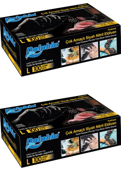Çok Amaçlı Siyah Nitril Eldiven (L) 100lü Paket 2 Adet (Gıdaya Uygun)