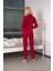Kadın Bordo Pamuklu Likralı Düğmeli Biyeli Pijama Takımı - Bordo 5