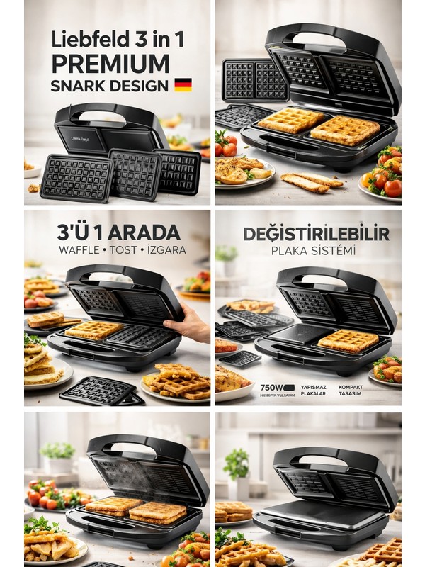 Liebfeld Alman Tasarım 3'ü 1 Arada Tost Makinesi Waffle Izgara Premium Snack Maker
