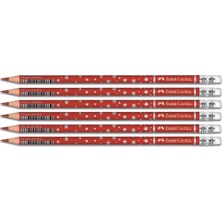 Faber-Castell Yıldız Desenli Kırmızı Renkli Silgili Kurşun Kalem 6'lı