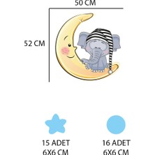 Tilki Dünyası Ay Üzerinde Uyuyan Sevimli Fil Mavi Yıldızlar ve Puantiyeler Çocuk Odası Duvar Sticker