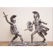 Antakya Sanat Tasarım Hector ve Achilles 35 cm Tasarım Biblo Heykel Gümüş Ev Dekor Hediyelik Eşya