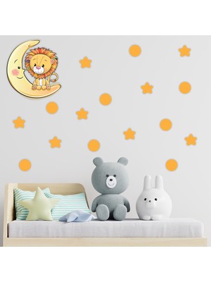 Tilki Dünyası Ay Üzerindeki Sevimli Aslan Sarı Yıldızlar ve Puantiyeler Çocuk Odası Duvar Sticker