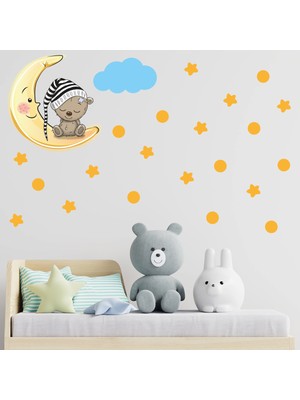 Tilki Dünyası Ay Üzerinde Uyuyan Sevimli Ayıcık Sarı Yıldızlar ,puantiyeler ve Mavi Bulut Çocuk Odası Duvar Sticker