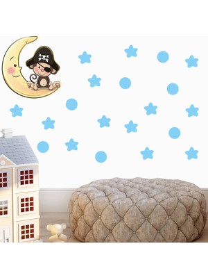 Tilki Dünyası Ay Üzerindeki Korsan Maymun Mavi Yıldızlar ve Puantiyeler Çocuk Odası Duvar Sticker