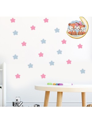 Tilki Dünyası Ay Üzerindeki Sevimli Tilkiler Mavi ve Pembe Yıldızlar Çocuk Odası Duvar Sticker