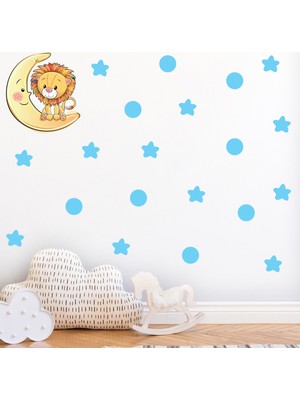 Tilki Dünyası Ay Üzerindeki Sevimli Aslan Mavi Yıldızlar ve Puantiyeler Çocuk Odası Duvar Sticker