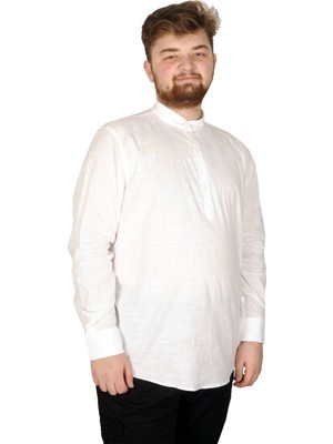 ModeXL Büyük Beden Erkek Keten Likralı Ukol Hakim Yaka Gömlek 20388 Beyaz