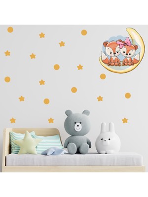 Tilki Dünyası Ay Üzerindeki Sevimli Tilkiler Sarı Yıldızlar ve Puantiyeler