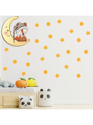 Tilki Dünyası Ay Üzerinde Uyuyan Sevimli Tilki Sarı Yıldızlar ve Puantiyeler