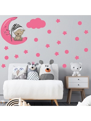 Tilki Dünyası Ay Üzerinde Uyuyan Sevimli Ayıcık Pembe Yıldızlar ve Puantiyeler Çocuk Odası Duvar Sticker