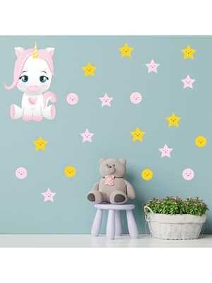 Tilki Dünyası Sevimli Unicorn Pembe ve Sarı Renk Yıldızlar ve Puantiyeler Çocuk Odası Duvar Sticker