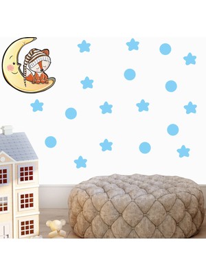 Tilki Dünyası Ay Üzerinde Uyuyan Sevimli Tilki Mavi Yıldızlar ve Puantiyeler Çocuk Odası Duvar Sticker