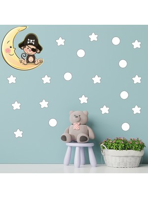 Tilki Dünyası Ay Üzerindeki Korsan Maymun Beyaz Yıldızlar ve Puantiyeler Çocuk Odası Duvar Sticker