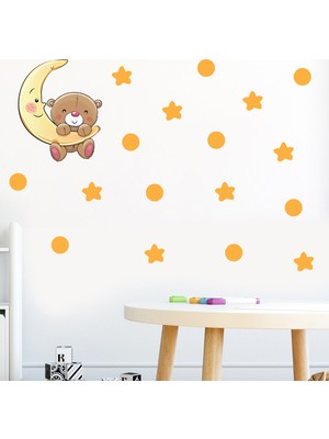 Tilki Dünyası Ay Üzerinden Sarkan Sevimli Ayıcık Sarı Yıldızlar ve Puantiyeler Çocuk Odası Duvar Sticker