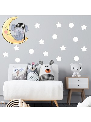Tilki Dünyası Ay Üzerinde Uyuyan Sevimli Fil Beyaz Yıldızlar ve Puantiyeler Çocuk Odası Duvar Sticker
