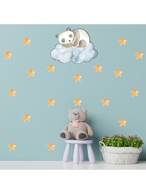 Tilki Dünyası Mavi Bulut Üzerinde Uyuyan Panda Çocuk Odası Duvar Sticker
