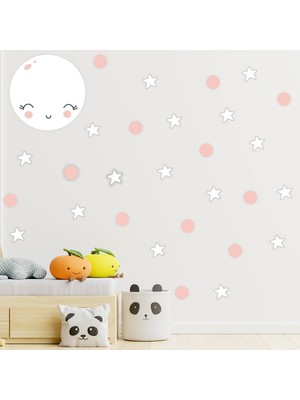 Tilki Dünyası Sevimli Ay Beyaz Yıldızlar Pembe Puantiyeler Çocuk Odası Duvar Sticker