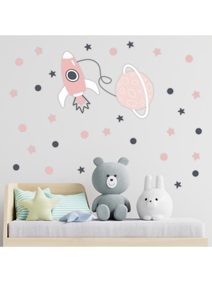 Tilki Dünyası Uzay Aracı Gezegen Pembe Lacivert Yıldızlar ve Puantiyeler