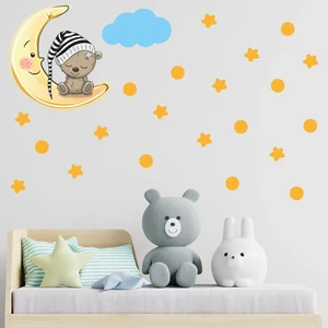 Tilki Dünyası Ay Üzerinde Uyuyan Sevimli Ayıcık Sarı Yıldızlar ,puantiyeler ve Mavi Bulut Çocuk Odası Duvar Sticker
