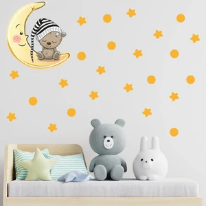 Tilki Dünyası Ay Üzerinde Uyuyan Sevimli Ayıcık Sarı Yıldızlar ve Puantiyeler Çocuk Odası Duvar Sticker