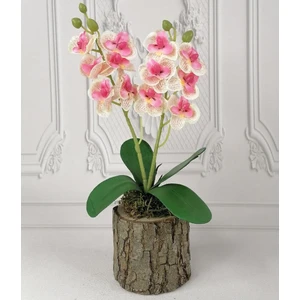 Yapay Çiçek Ahşap Kütük Saksılı Açık Pembe Mini Yapay Orkide Dekoratif Hediye