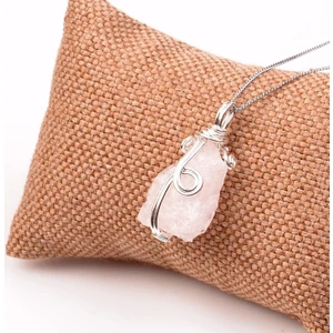 Taş Sandığı Ham Pembe Kuvars Taşı Kolye - Tel Sargılı