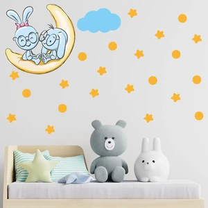 Tilki Dünyası Ay Üzerinde Oturan Sevimli Tavşanlar Sarı Yıldızlar ,puantiyeler ve Mavi Bulut Çocuk Odası Duvar Sticker