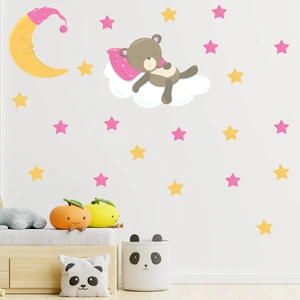 Tilki Dünyası Bulut Üzerinde Uyuyan Ayıcık Sevimli Ay Pembe ve Sarı Yıldızlar Çocuk Odası Duvar Sticker