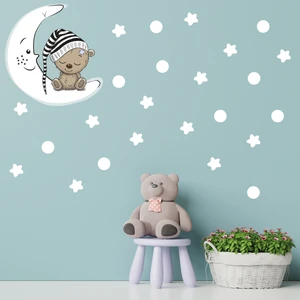 Tilki Dünyası Ay Üzerinde Uyuyan Sevimli Ayıcık Beyaz Yıldızlar ve Puantiyeler Çocuk Odası Duvar Sticker