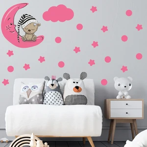 Tilki Dünyası Ay Üzerinde Uyuyan Sevimli Ayıcık Pembe Yıldızlar ve Puantiyeler Çocuk Odası Duvar Sticker